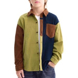imageLOLANTA Boys Corduroy Shirts Kids Western Botton Down Shacket with Pocket Fall Long Sleeve Solid Lapel TopsBrown Splice Green
