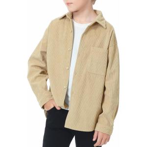 imageLOLANTA Boys Corduroy Shirts Kids Western Botton Down Shacket with Pocket Fall Long Sleeve Solid Lapel TopsKhaki