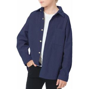 imageLOLANTA Boys Corduroy Shirts Kids Western Botton Down Shacket with Pocket Fall Long Sleeve Solid Lapel TopsNavy