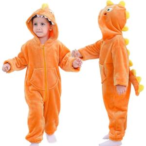 imageLOLANTA Boys Girls Dinosaur Shark Costume Flannel Jumpsuits Soft Animal One Piece for Kids Holiday BirthdayOrange