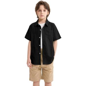 imageLOLANTA Boys Linen Shirt Short Sleeve Guayabera Shirts Button Down Textured Summer Outfits Beach Tops with One PocketBlack