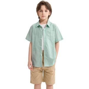 imageLOLANTA Boys Linen Shirt Short Sleeve Guayabera Shirts Button Down Textured Summer Outfits Beach Tops with One PocketGreen