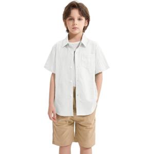 imageLOLANTA Boys Linen Shirt Short Sleeve Guayabera Shirts Button Down Textured Summer Outfits Beach Tops with One PocketWhite