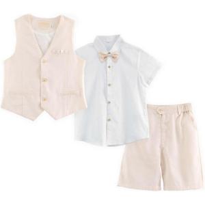 imageLOLANTA Boys Linen Suit 4 Piece Summer Gentleman Outfit Kids Dress Vest Shirt Shorts Set for Beach Wedding GraduationBeige