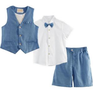 imageLOLANTA Boys Linen Suit 4 Piece Summer Gentleman Outfit Kids Dress Vest Shirt Shorts Set for Beach Wedding GraduationBlue