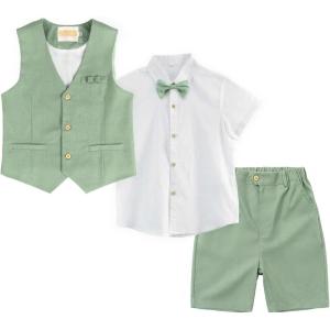 imageLOLANTA Boys Linen Suit 4 Piece Summer Gentleman Outfit Kids Dress Vest Shirt Shorts Set for Beach Wedding GraduationGreen