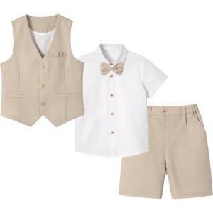 imageLOLANTA Boys Linen Suit 4 Piece Summer Gentleman Outfit Kids Dress Vest Shirt Shorts Set for Beach Wedding GraduationKhaki
