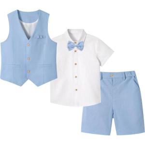 imageLOLANTA Boys Linen Suit 4 Piece Summer Gentleman Outfit Kids Dress Vest Shirt Shorts Set for Beach Wedding GraduationLight Blue
