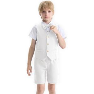 imageLOLANTA Boys Linen Suit 4 Piece Summer Gentleman Outfit Kids Dress Vest Shirt Shorts Set for Beach Wedding GraduationWhite