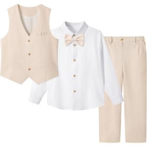 imageLOLANTA Boys Linen Suit Dress Clothes Kids Graduation Wedding Outfit 4 Piece Shirt Vest Pants Set with Bow TieBeige