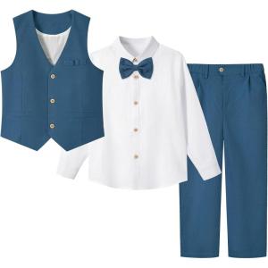 imageLOLANTA Boys Linen Suit Dress Clothes Kids Graduation Wedding Outfit 4 Piece Shirt Vest Pants Set with Bow TieBlue