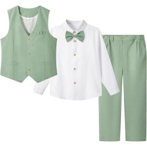 imageLOLANTA Boys Linen Suit Dress Clothes Kids Graduation Wedding Outfit 4 Piece Shirt Vest Pants Set with Bow TieGreen