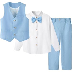 imageLOLANTA Boys Linen Suit Dress Clothes Kids Graduation Wedding Outfit 4 Piece Shirt Vest Pants Set with Bow TieLight Blue