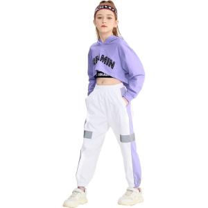 imageLOLANTA Girls 3 Piece Outfits Cropped Hoodie Tank Top Jogger Pants Set Hip Hop Jazz Street Dance Skateboarding ClothesLight Purple