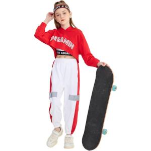 imageLOLANTA Girls 3 Piece Outfits Cropped Hoodie Tank Top Jogger Pants Set Hip Hop Jazz Street Dance Skateboarding ClothesRed