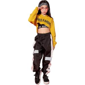 imageLOLANTA Girls 3 Piece Outfits Cropped Hoodie Tank Top Jogger Pants Set Hip Hop Jazz Street Dance Skateboarding ClothesYellow