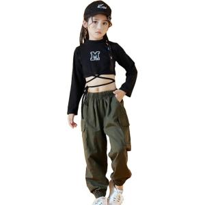 imageLOLANTA Girls Clothing Sets Jazz Dance Outfits Long Sleeve Crop Tops Cargo Hip Hop Pants SetsBlack3