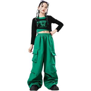 imageLOLANTA Girls Hip Hop Dance Clothes 2 Piece Outfits Jazz Team Long Sleeve Crop Top Cargo Pants SetGreen