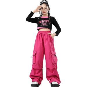 imageLOLANTA Girls Hip Hop Dance Clothes 2 Piece Outfits Jazz Team Long Sleeve Crop Top Cargo Pants SetPink