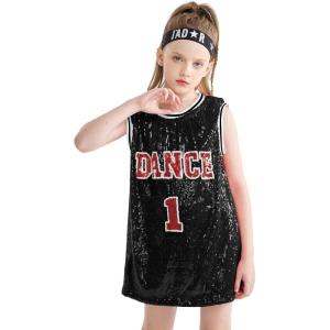imageLOLANTA Girls Hip Hop Dance Clothes Kids Jersey Sequin Dress Long Tank Top Jazz Costume Cheerleading TShirtBlack