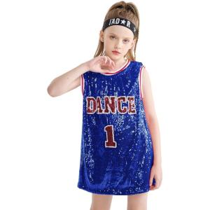 imageLOLANTA Girls Hip Hop Dance Clothes Kids Jersey Sequin Dress Long Tank Top Jazz Costume Cheerleading TShirtBlue