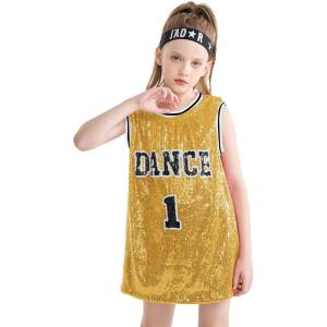 imageLOLANTA Girls Hip Hop Dance Clothes Kids Jersey Sequin Dress Long Tank Top Jazz Costume Cheerleading TShirtGold