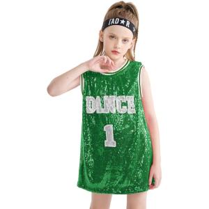 imageLOLANTA Girls Hip Hop Dance Clothes Kids Jersey Sequin Dress Long Tank Top Jazz Costume Cheerleading TShirtGreen