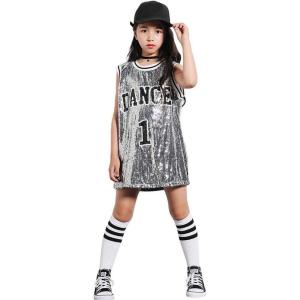 imageLOLANTA Girls Hip Hop Dance Clothes Kids Jersey Sequin Dress Long Tank Top Jazz Costume Cheerleading TShirtGrey