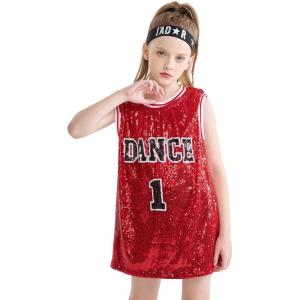 imageLOLANTA Girls Hip Hop Dance Clothes Kids Jersey Sequin Dress Long Tank Top Jazz Costume Cheerleading TShirtRed