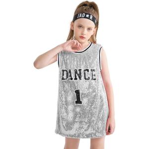imageLOLANTA Girls Hip Hop Dance Clothes Kids Jersey Sequin Dress Long Tank Top Jazz Costume Cheerleading TShirtSilver