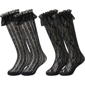 imageLOLANTA Girls Lace Knee High Socks 2 Pack Sheer Patterned Hollow Cute Ruffle School Stockings 59YearsBlack Heart Black Flower