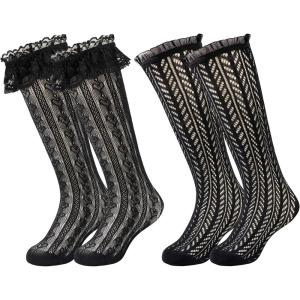 imageLOLANTA Girls Lace Knee High Socks 2 Pack Sheer Patterned Hollow Cute Ruffle School Stockings 59YearsBlack Heart Black Wheatear