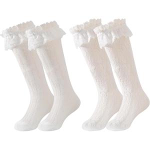 imageLOLANTA Girls Lace Knee High Socks 2 Pack Sheer Patterned Hollow Cute Ruffle School Stockings 59YearsWhite Heart White Flower
