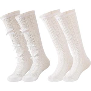 imageLOLANTA Girls Lace Knee High Socks 2 Pack Sheer Patterned Hollow Cute Ruffle School Stockings 59YearsWhite Wheatear White Bow