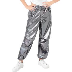 imageLOLANTA Girls Metallic Jogger Pants Shiny Jazz Street Hip Hop Dance Pants 716 Convertible Leg OpeningDark Gray