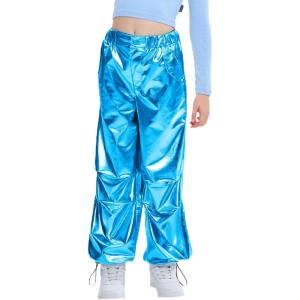 imageLOLANTA Girls Metallic Jogger Pants Shiny Jazz Street Hip Hop Dance Pants 716 Convertible Leg OpeningLake Blue