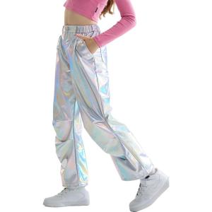 imageLOLANTA Girls Metallic Jogger Pants Shiny Jazz Street Hip Hop Dance Pants 716 Convertible Leg OpeningLaser Silver