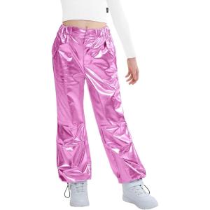 imageLOLANTA Girls Metallic Jogger Pants Shiny Jazz Street Hip Hop Dance Pants 716 Convertible Leg OpeningPink