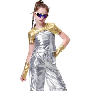 imageLOLANTA Girls Metallic Shirts with Arm Sleeves Slim Fit Stretchy Shiny Jazz Hip Hop Dance Tops Raves Festivals CostumesGold