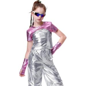 imageLOLANTA Girls Metallic Shirts with Arm Sleeves Slim Fit Stretchy Shiny Jazz Hip Hop Dance Tops Raves Festivals CostumesPink