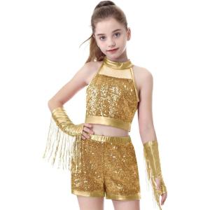 imageLOLANTA Girls Sequin Dance Outfit Crop Sequin Top Metallic Shorts with Tassel Arm Sleeves 513 Years Recital CostumesGold