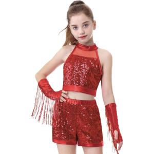 imageLOLANTA Girls Sequin Dance Outfit Crop Sequin Top Metallic Shorts with Tassel Arm Sleeves 513 Years Recital CostumesRed