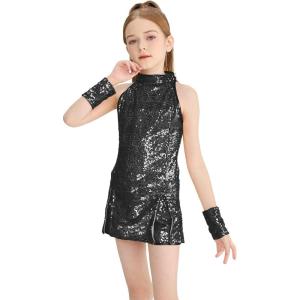 imageLOLANTA Girls Sequins Dance Clothes Dress 412 Yrs Sparkle Hip Hop Jazz Dance Outfit Sleeveless Top and ShortsBlack