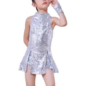 imageLOLANTA Girls Sequins Dance Clothes Dress 412 Yrs Sparkle Hip Hop Jazz Dance Outfit Sleeveless Top and ShortsSilver