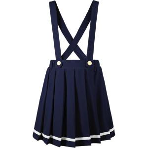 imageLOLANTA Girls Uniform Skirt Kids Suspender Tennis Skirt Pleated Skort Elastic Overall Dress with Removable Straps for SchoolNavy