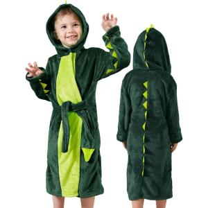imageLOLANTA Kids Robe Boys Girls Dinosaur Plush Fleece Hooded Bathrobe with Belt Animal Soft SleepwearDark Green