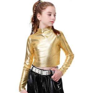 imageLOLANTA Metallic Dance Tops for Girls Long Sleeve Cropped Top Shiny Hip Hop Holographic Shirt Party Festivals CostumesGold