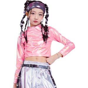 imageLOLANTA Metallic Dance Tops for Girls Long Sleeve Cropped Top Shiny Hip Hop Holographic Shirt Party Festivals CostumesPink