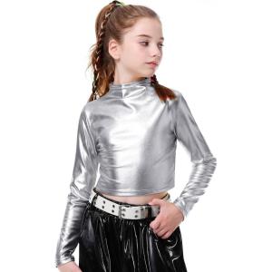 imageLOLANTA Metallic Dance Tops for Girls Long Sleeve Cropped Top Shiny Hip Hop Holographic Shirt Party Festivals CostumesSilver