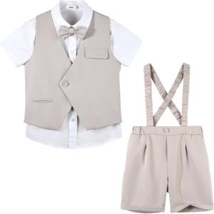 imageLOLANTA Short Suit for Boys Summer Wedding Ring Bearer Outfit Graduation 6 Pieces Shirt Vest Shorts SetBeige